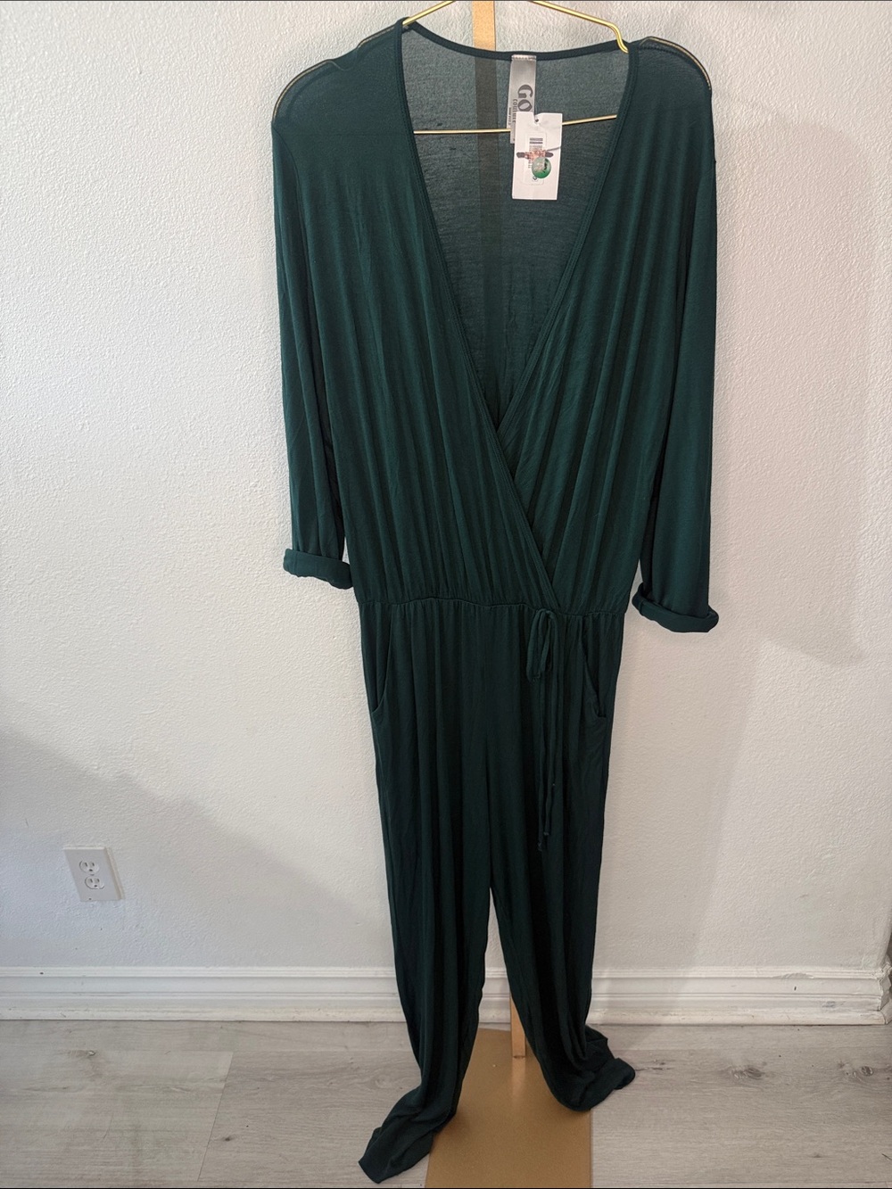 Deep Green faux Wrap Jumpsuit with Drawstring Waist- size large- NWT